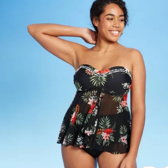 Kona Sol | Swim | Kona Sol Bandeau Floral Tankini Top Black Xl | Poshmark